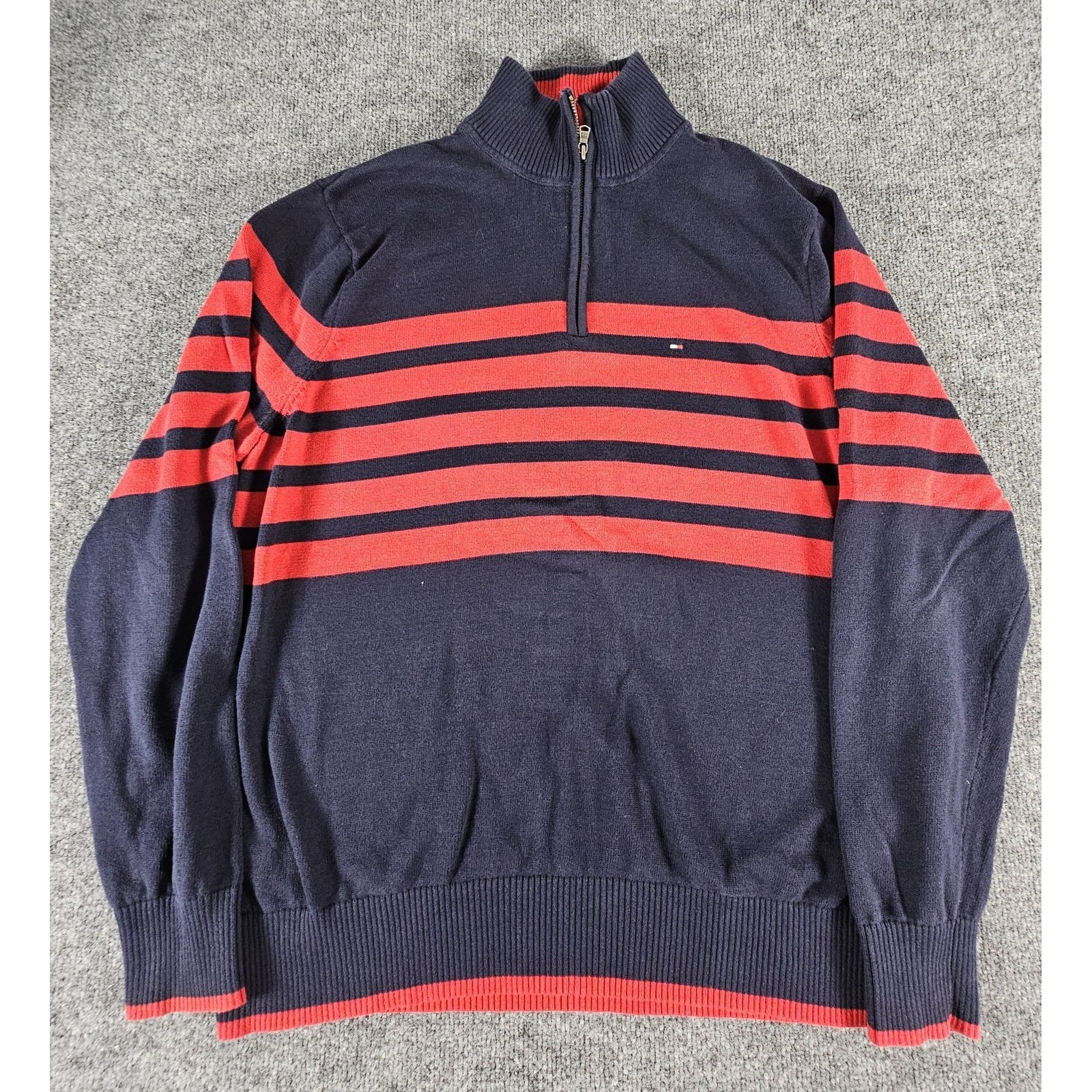 Tommy Hilfiger Sweater Mens Xl Navy Red Striped Half Zip Pullover Cotton Classic